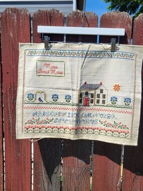 VTG Handmade Finished Cross Stitch 16x21 "Home‎ Sweet Home" Cottagecore Alphabet